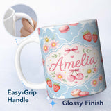 Personalized Custom Name Cute Strawberry Cherry Daisy Floral Bow Sweet Dessert Dusty Blue 11oz Ceramic Coffee Tea Mug White Large Handle