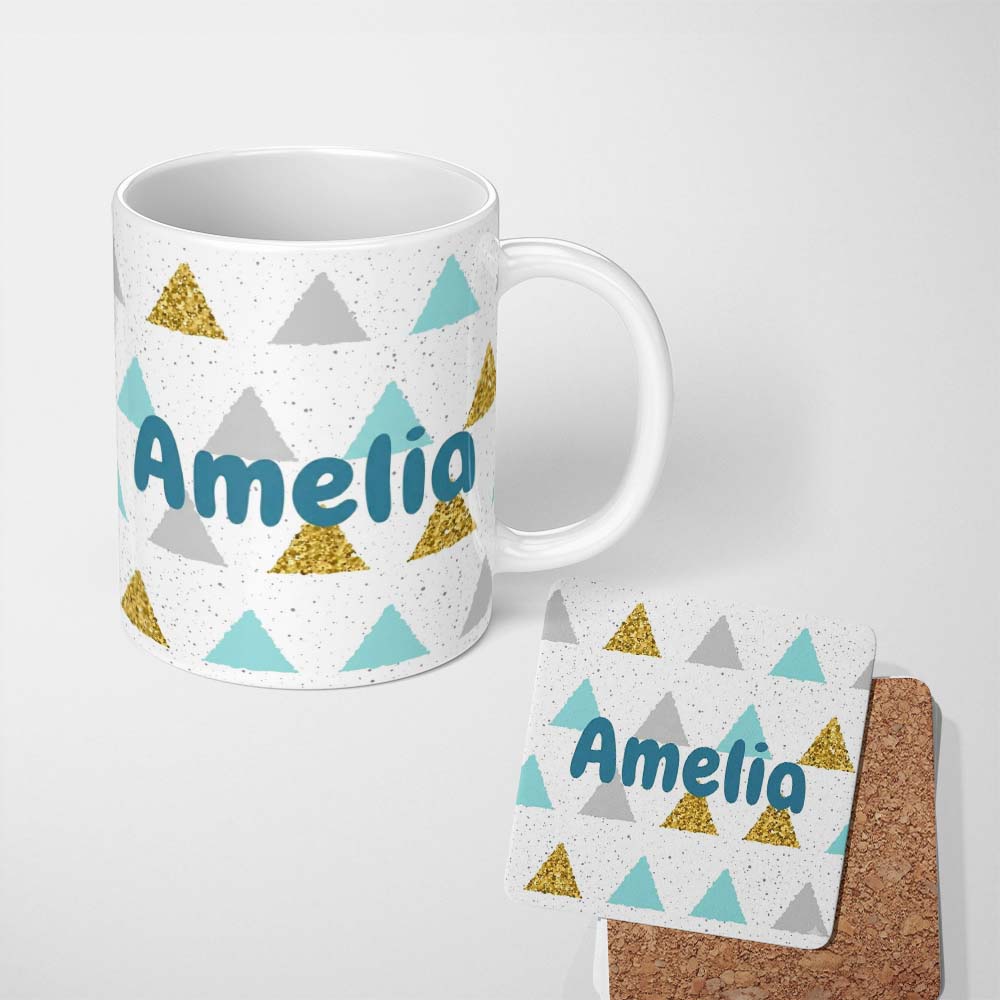 Personalized Custom Name Modern Christmas Tree Triangle Gold Glitter Minimal Seamless Pattern 11oz Ceramic Coffee Tea Mug White Large Handle