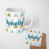 Personalized Custom Name Modern Christmas Tree Triangle Gold Glitter Minimal Seamless Pattern 11oz Ceramic Coffee Tea Mug White Large Handle