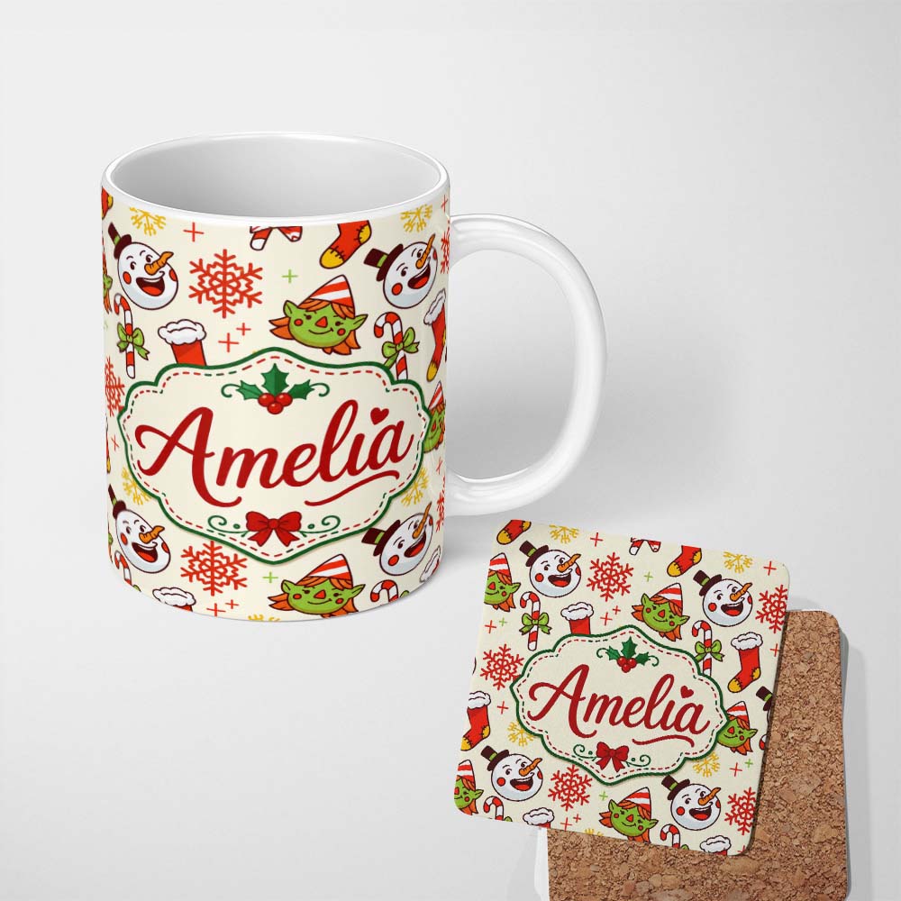 Personalized Custom Name Cute Snowman Elf Candy Cane Christmas Stocking Festive Seamless 11oz Ceramic Coffee Tea Mug White Large Handle
