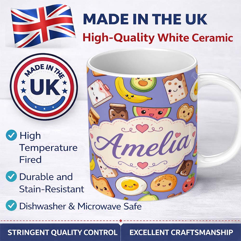 Personalized Custom Name Cute Kawaii Breakfast Food Seamless Pattern Purple Background Fun 11oz Ceramic Coffee Tea Mug White Large Handle
