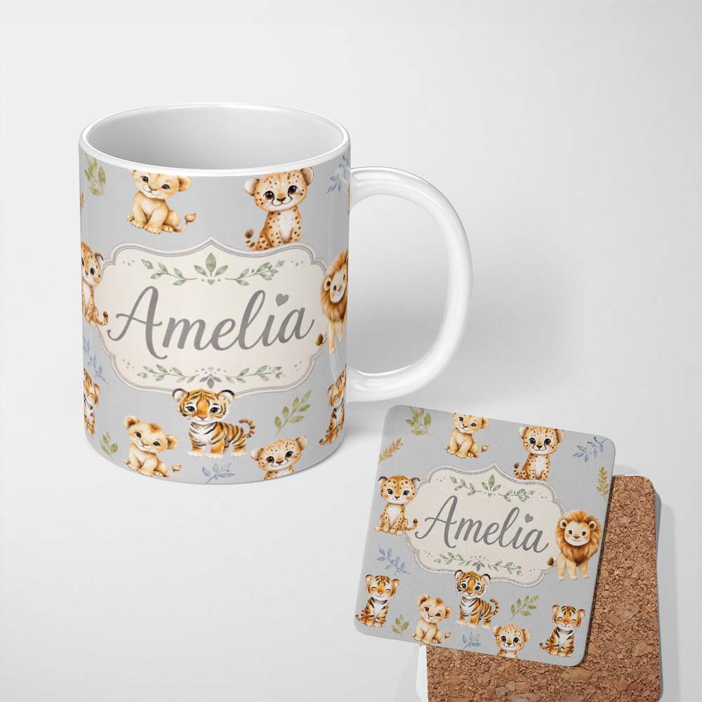 Personalized Custom Name Baby Safari Animals Leopard Tiger Lion on Soft Grey Seamless 11oz Ceramic Coffee Tea Mug White Large Handle