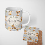 Personalized Custom Name Baby Safari Animals Leopard Tiger Lion on Soft Grey Seamless 11oz Ceramic Coffee Tea Mug White Large Handle