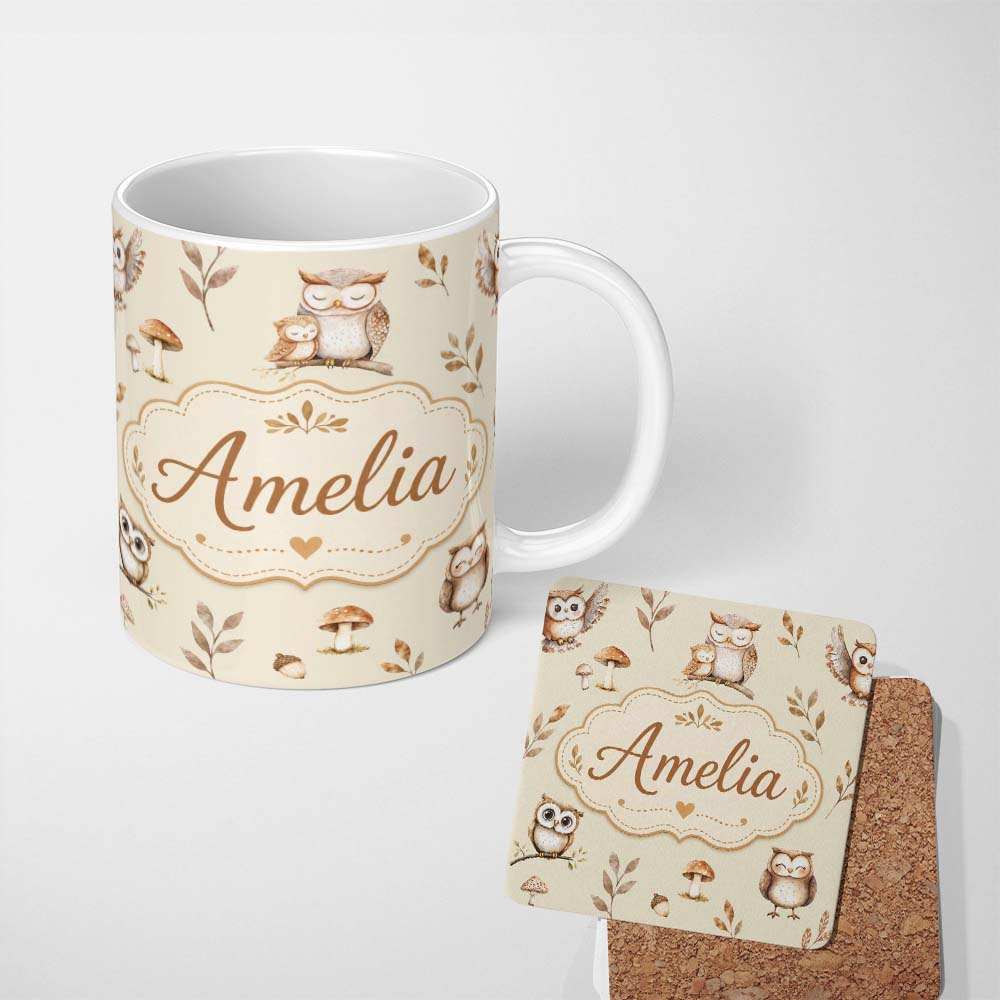 Personalized Custom Name Cute Woodland Owls Mushrooms and Leaves Warm Beige Background Lovely 11oz Ceramic Coffee Tea Mug White Large Handle