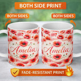 Personalized Custom Name Light Pastel Poppy Flowers Soft Artistic Seamless Pattern Lovely 11oz Ceramic Coffee Tea Mug White Large Handle