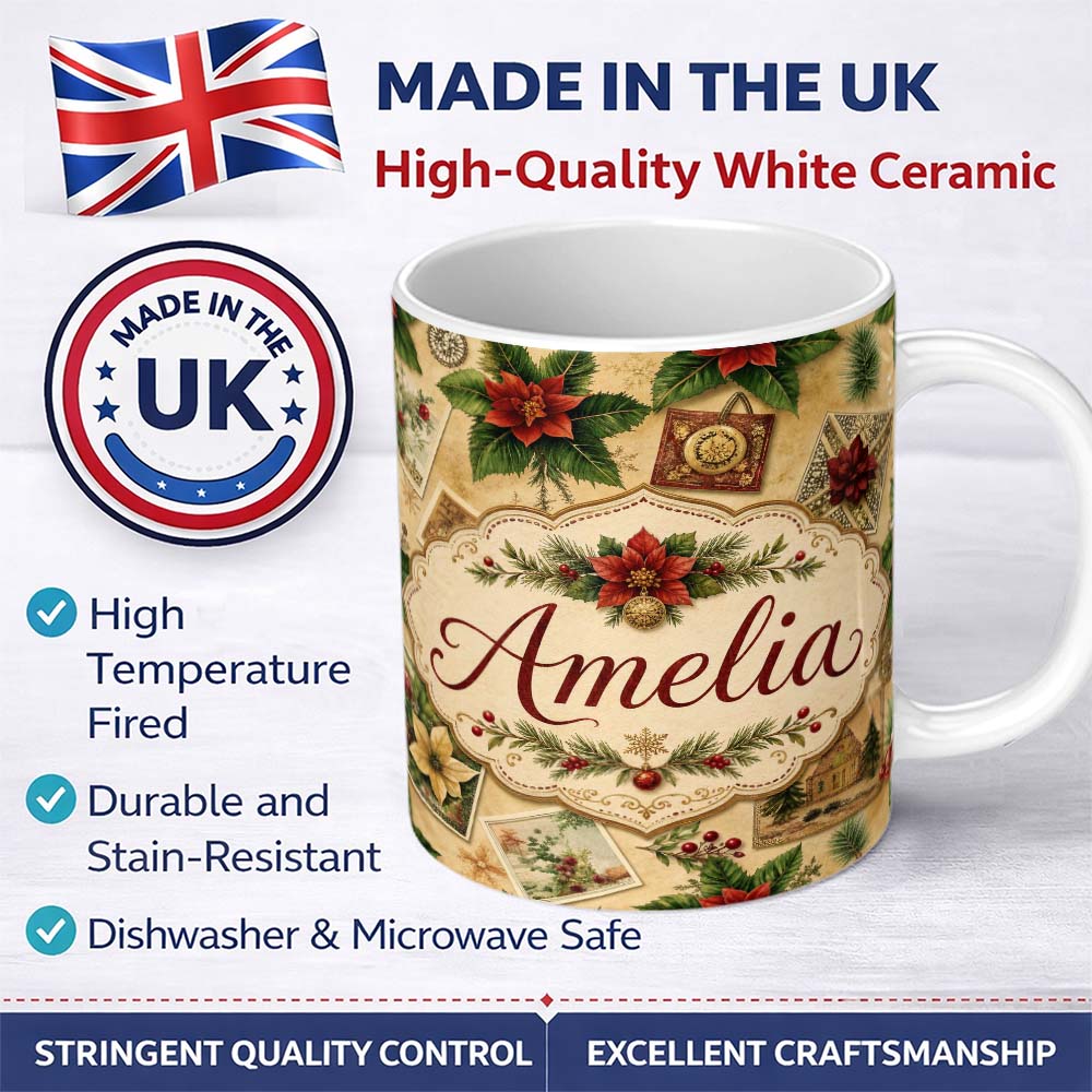 Personalized Custom Name Classic Christmas Botanical Elements with Holly Berries and Flowers 11oz Ceramic Coffee Tea Mug White Large Handle