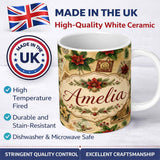 Personalized Custom Name Classic Christmas Botanical Elements with Holly Berries and Flowers 11oz Ceramic Coffee Tea Mug White Large Handle