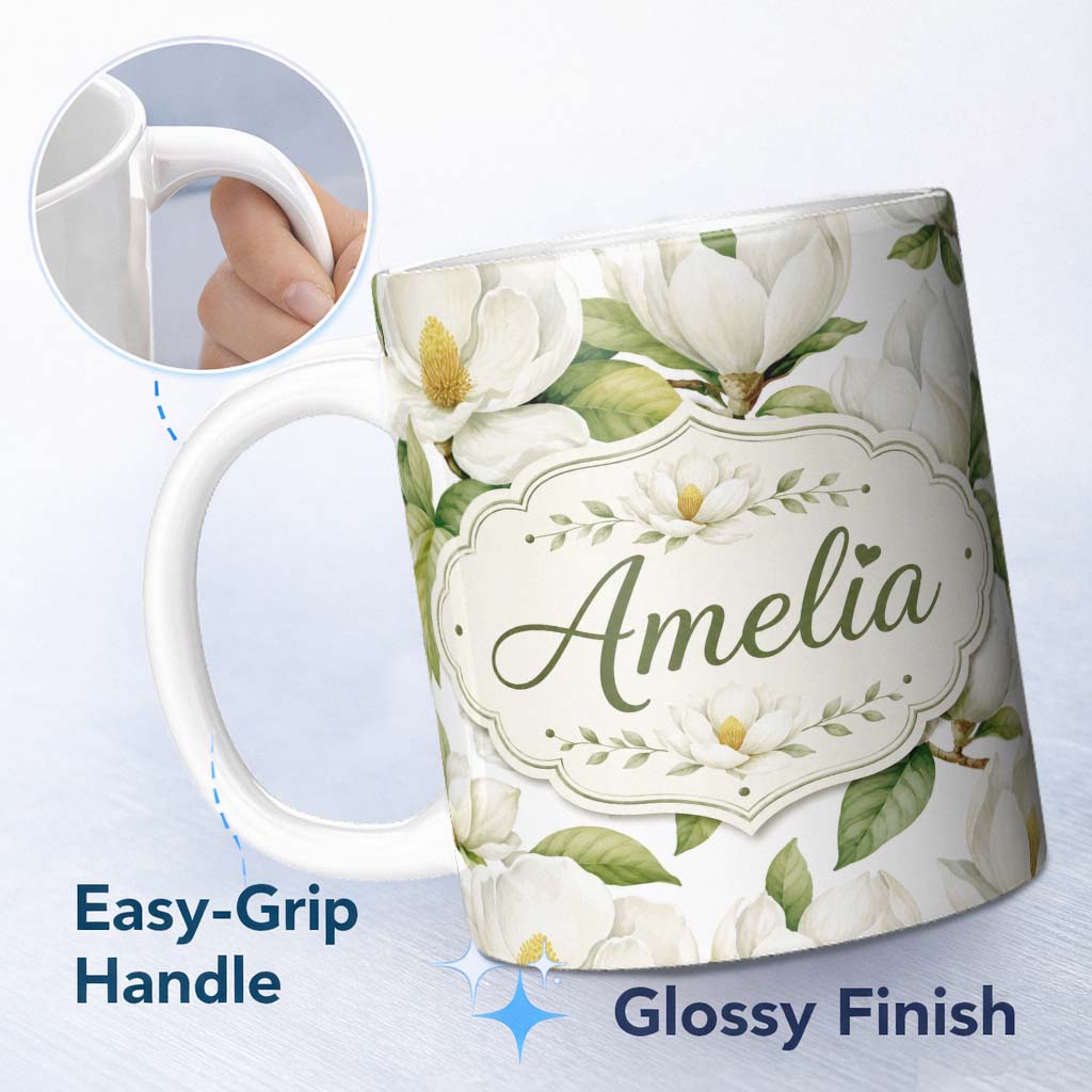 Personalized Custom Name Elegant White Magnolia Flowers and Green Leaves Seamless Pattern 11oz Ceramic Coffee Tea Mug White Large Handle