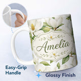 Personalized Custom Name Elegant White Magnolia Flowers and Green Leaves Seamless Pattern 11oz Ceramic Coffee Tea Mug White Large Handle