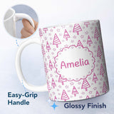 Personalized Custom Name Cute Pink Christmas Tree Star Doodle Seamless Pattern Lovely 11oz Ceramic Coffee Tea Mug White Large Handle