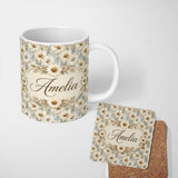Personalized Custom Name Neutral Daisy Bouquet Pattern on Soft Abstract Background Lovely 11oz Ceramic Coffee Tea Mug White Large Handle
