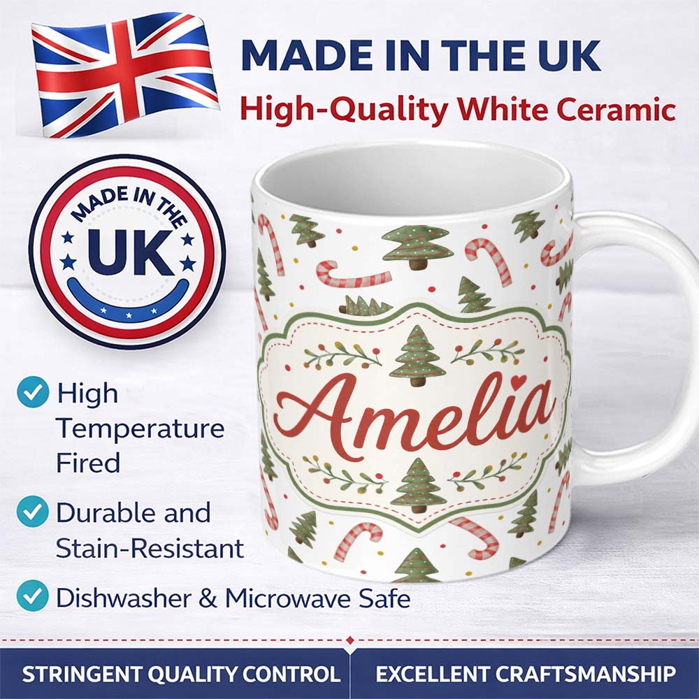 Personalized Custom Name Festive Christmas Trees with Candy Canes and Dots Seamless Pattern 11oz Ceramic Coffee Tea Mug White Large Handle