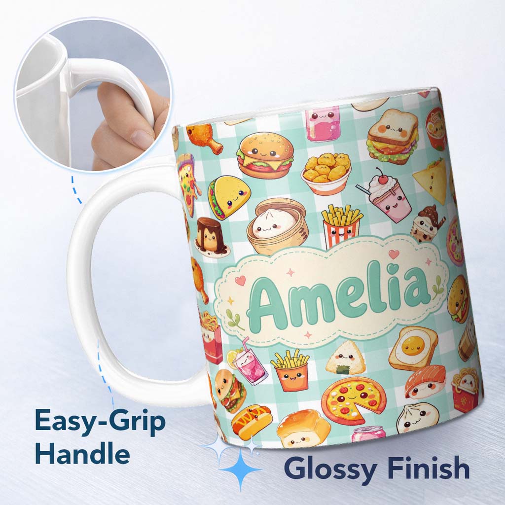 Personalized Custom Name Kawaii Fast Food Burger Sushi Taco Pizza Mint Gingham Seamless 11oz Ceramic Coffee Tea Mug White Large Handle