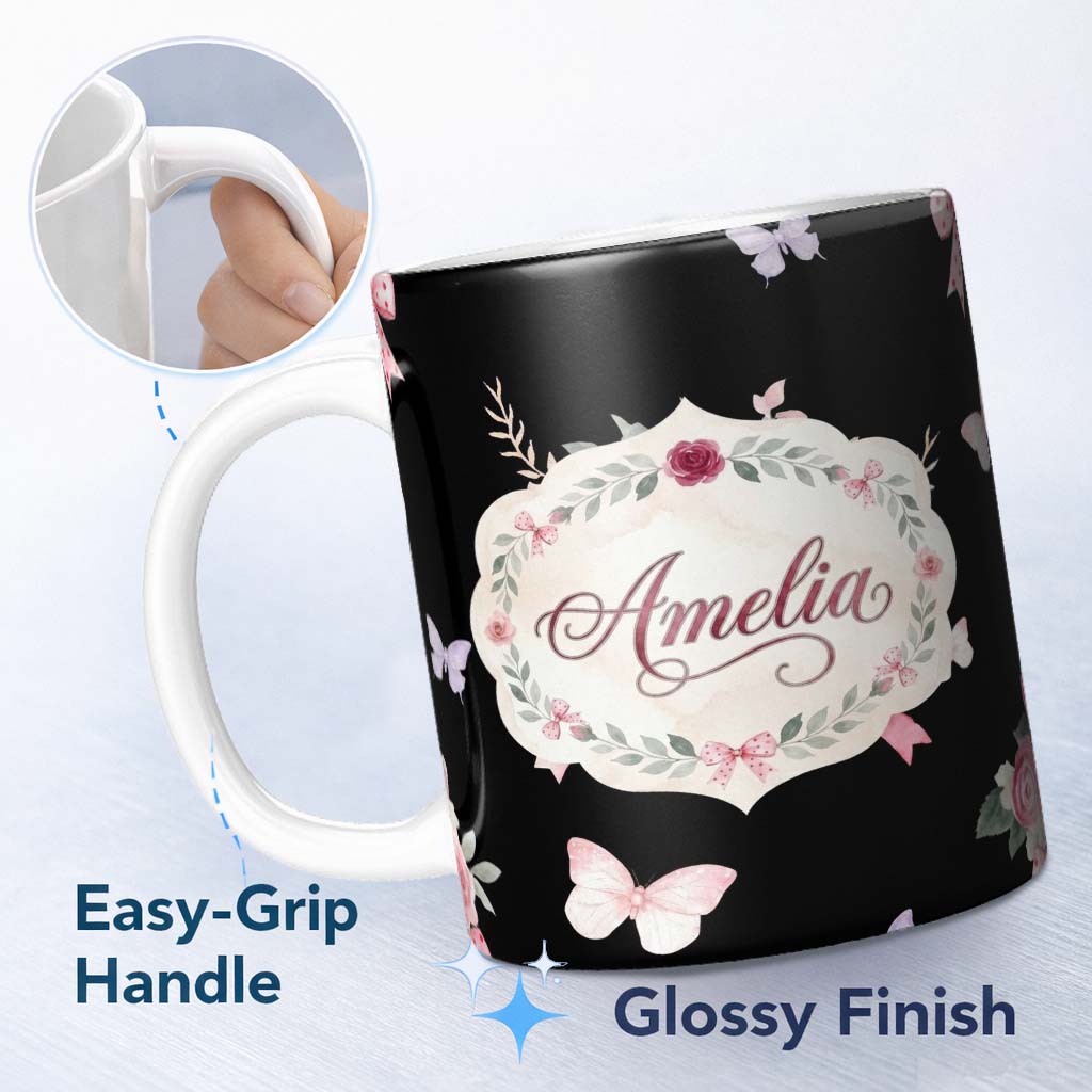 Personalized Custom Name Watercolor Pink Roses Bow Butterfly Elegant Seamless Pattern Lovely 11oz Ceramic Coffee Tea Mug White Large Handle
