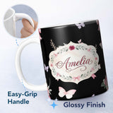 Personalized Custom Name Watercolor Pink Roses Bow Butterfly Elegant Seamless Pattern Lovely 11oz Ceramic Coffee Tea Mug White Large Handle