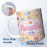 Personalized Custom Name Jellyfish Starfish and Cute Sea Creatures Warm Mustard Yellow Lovely 11oz Ceramic Coffee Tea Mug White Large Handle
