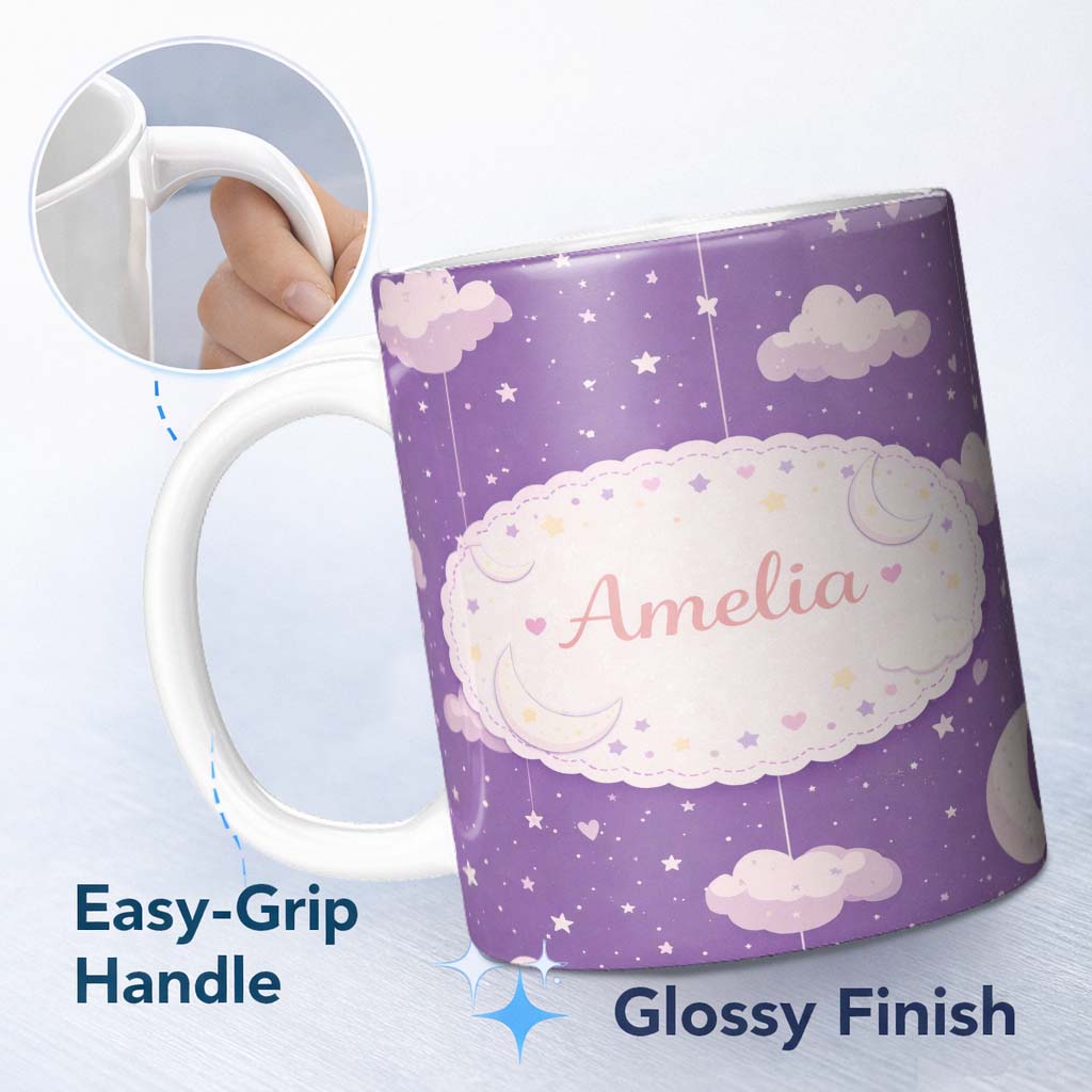 Personalized Custom Name Purple Night Sky Moon Hanging Stars Cute Seamless Pattern Lovely 11oz Ceramic Coffee Tea Mug White Large Handle
