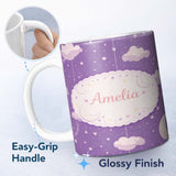 Personalized Custom Name Purple Night Sky Moon Hanging Stars Cute Seamless Pattern Lovely 11oz Ceramic Coffee Tea Mug White Large Handle