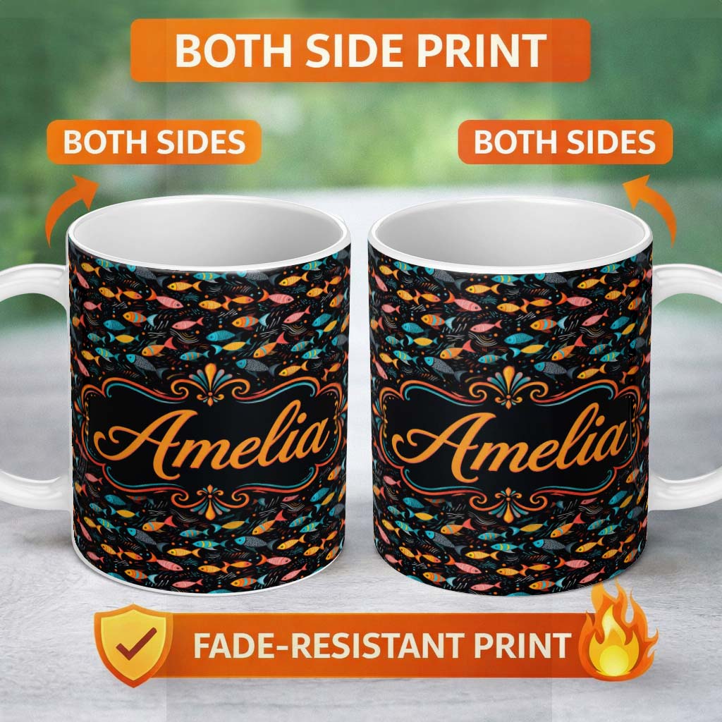Personalized Custom Name Colorful Tropical Fish on Dark Ocean Background Seamless Pattern 11oz Ceramic Coffee Tea Mug White Large Handle