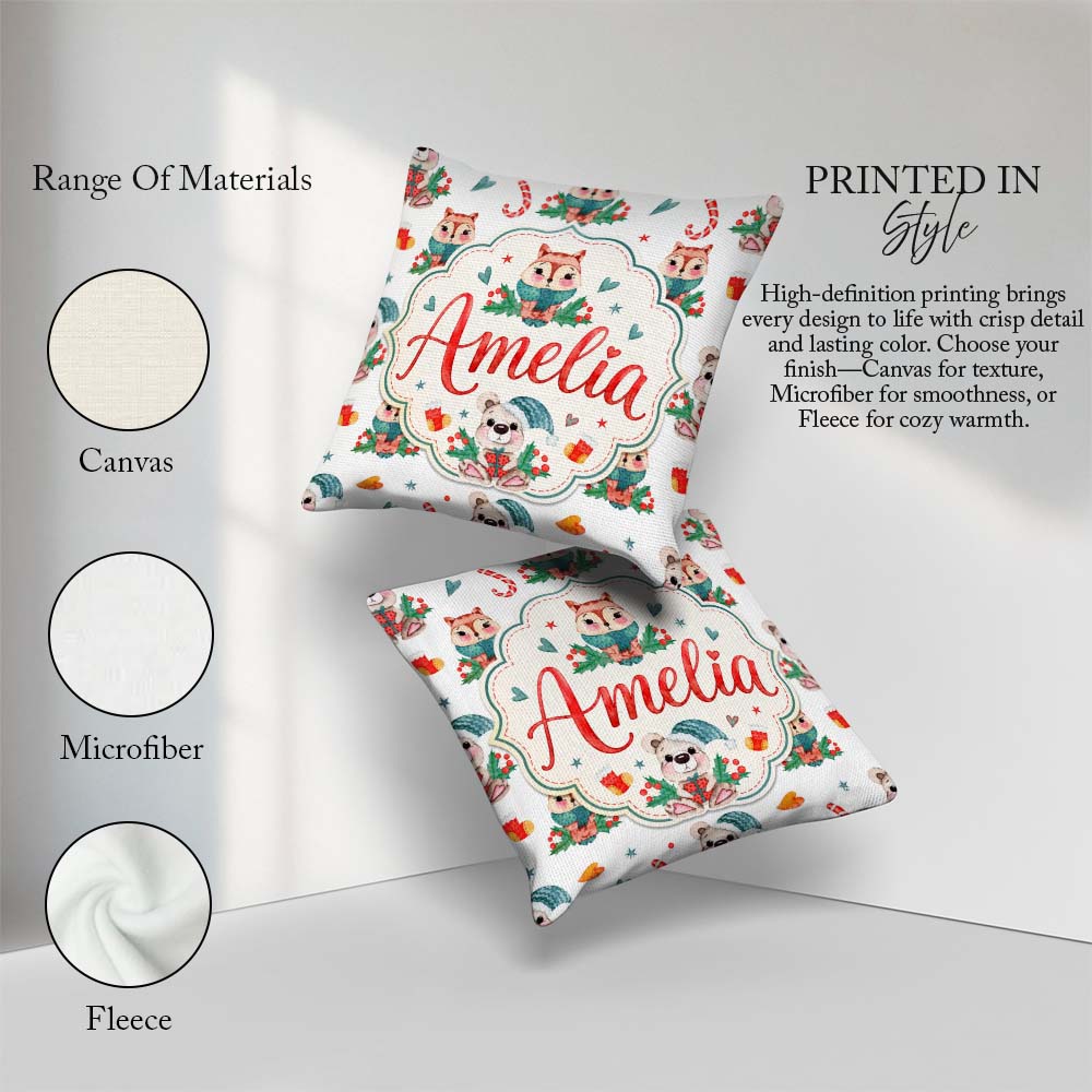 Custom Name Woodland Fox Bear Candy Cane Winter Seamless Pattern Square Filled Cushion Throw Pillow Sofa Bed Home Decor Zip Washable UK Made