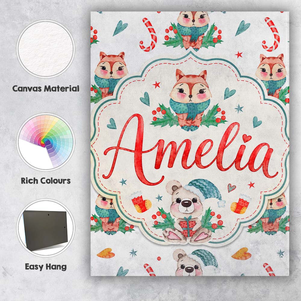 Personalised Name Cute Woodland Fox Bear Custom  Unique Gift Idea Elegant Feature Canvas Wall Art Print Decor Picture Ready to Hang