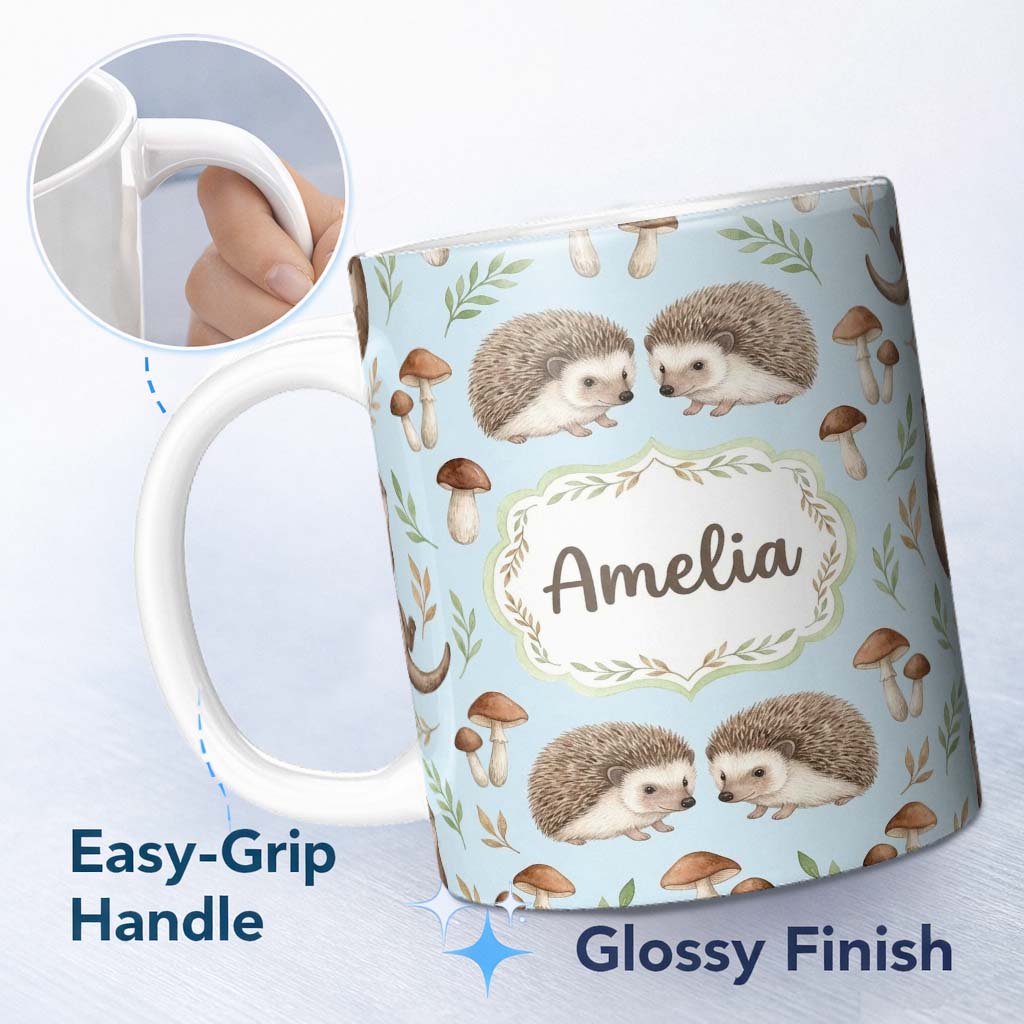 Personalized Custom Name Hedgehog Mushroom Pastel Seamless Pattern Woodland Animal Nursery 11oz Ceramic Coffee Tea Mug White Large Handle