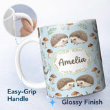 Personalized Custom Name Hedgehog Mushroom Pastel Seamless Pattern Woodland Animal Nursery 11oz Ceramic Coffee Tea Mug White Large Handle