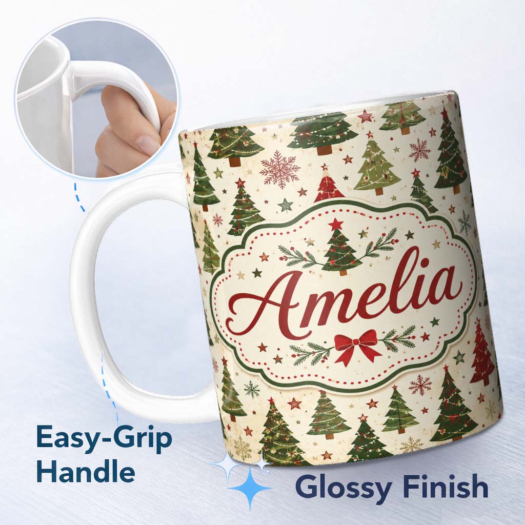 Personalized Custom Name Rustic Christmas Trees Stars Holiday Winter Seamless Pattern Lovely 11oz Ceramic Coffee Tea Mug White Large Handle