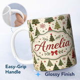 Personalized Custom Name Rustic Christmas Trees Stars Holiday Winter Seamless Pattern Lovely 11oz Ceramic Coffee Tea Mug White Large Handle