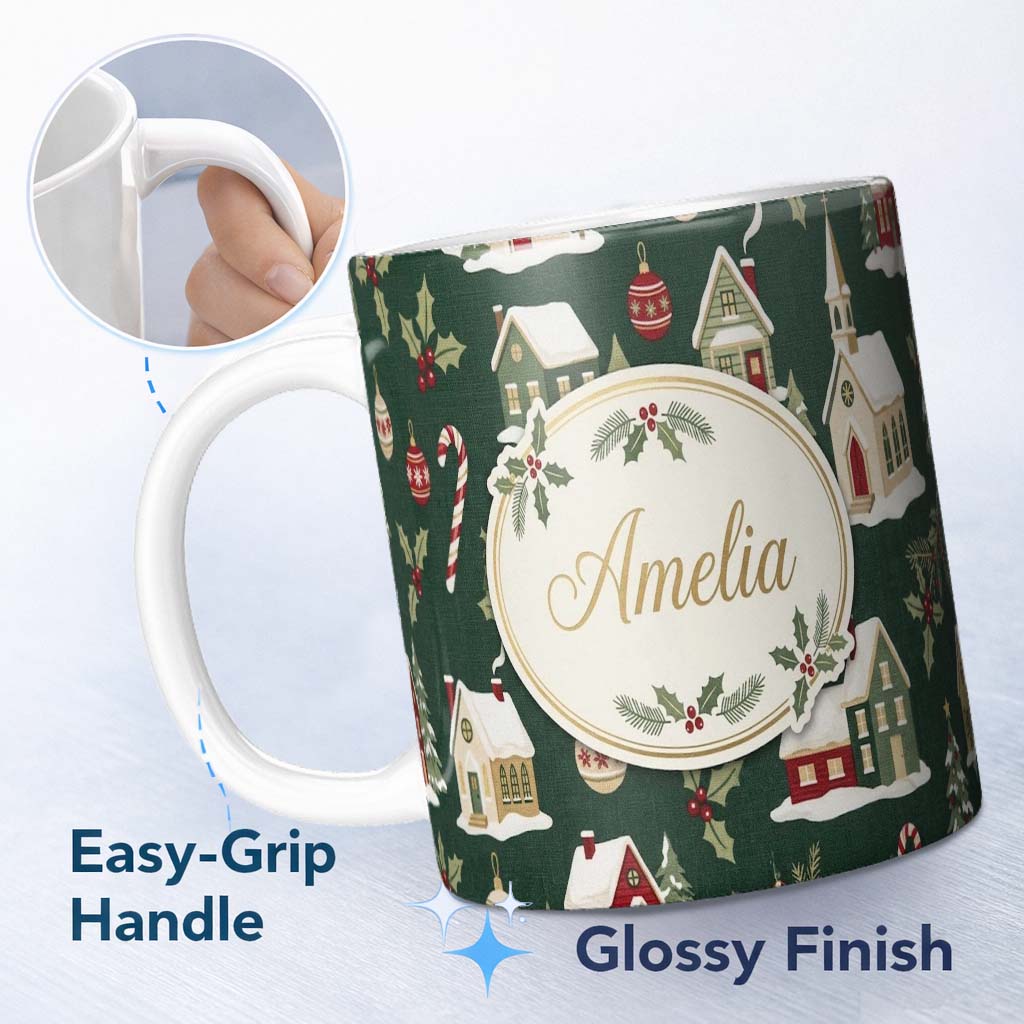 Personalized Custom Name Dark Vintage Christmas Village Houses Snowy Scene and Ornaments 11oz Ceramic Coffee Tea Mug White Large Handle