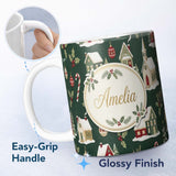 Personalized Custom Name Dark Vintage Christmas Village Houses Snowy Scene and Ornaments 11oz Ceramic Coffee Tea Mug White Large Handle