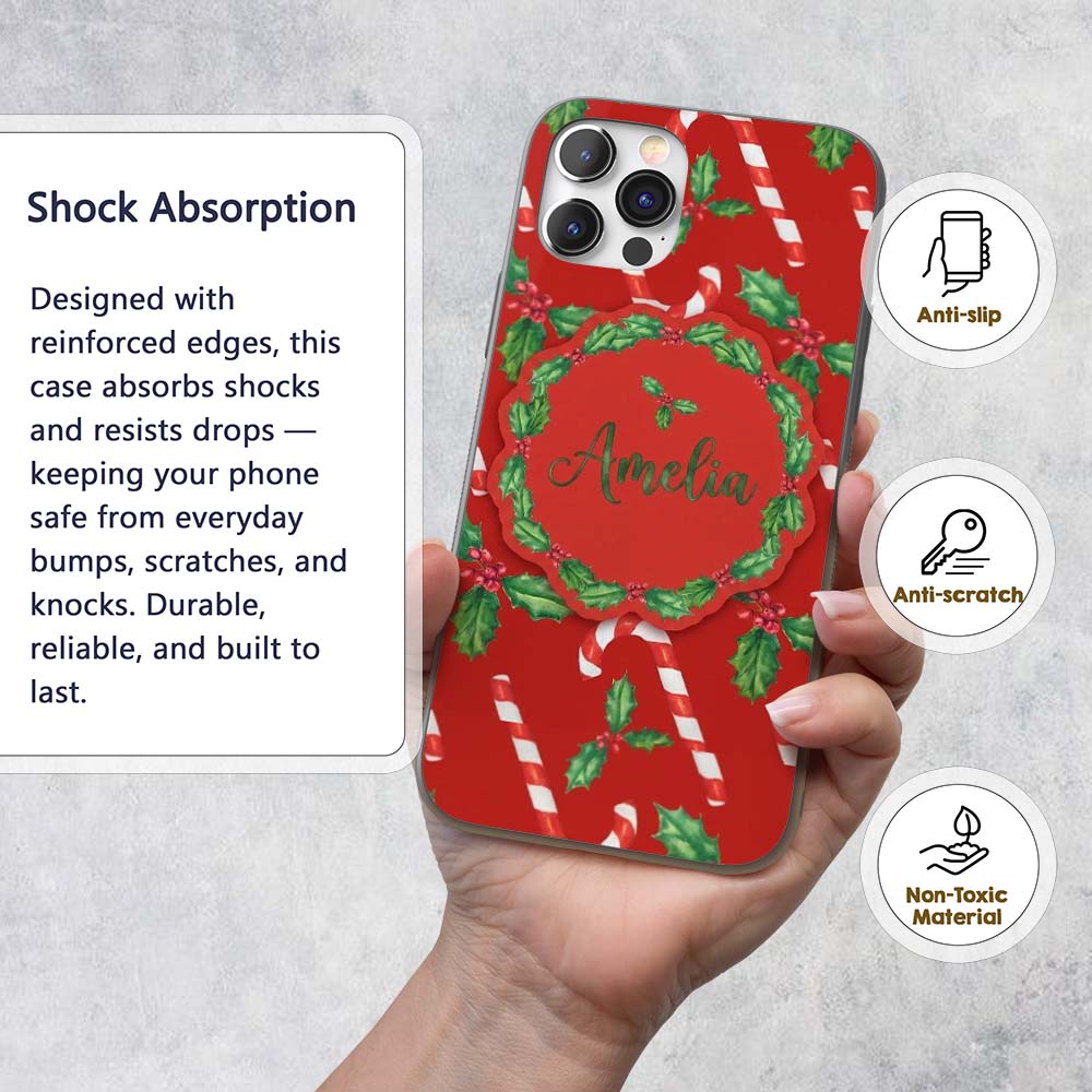 Festive Candy Cane Holly Berry Red Background Custom Name Protective Phone Case Mobile Cover Durable Everyday Smartphone Shock Resistant