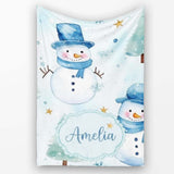 Cute Snowman Winter Snowflake Blue Holiday Seamless Pattern Lovely  Personalised Custom Name Super Soft Fleece Blanket Bed Sofa Throw