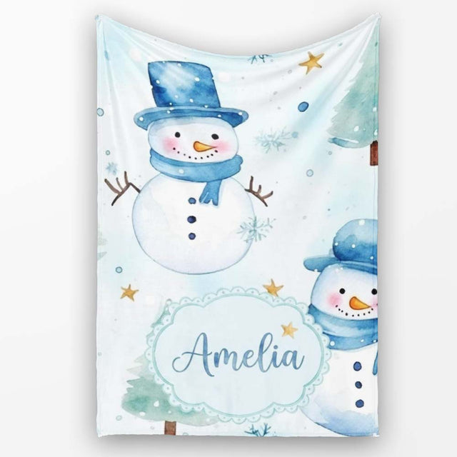 Cute Snowman Winter Snowflake Blue Holiday Seamless Pattern Lovely  Personalised Custom Name Super Soft Fleece Blanket Bed Sofa Throw