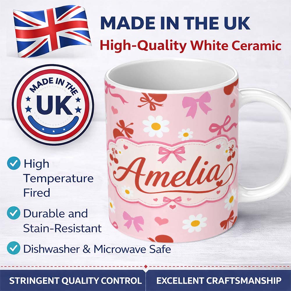 Personalized Custom Name Pastel Cherry and Ribbon Pattern with Small Flowers Pattern Soft 11oz Ceramic Coffee Tea Mug White Large Handle