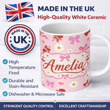 Personalized Custom Name Pastel Cherry and Ribbon Pattern with Small Flowers Pattern Soft 11oz Ceramic Coffee Tea Mug White Large Handle