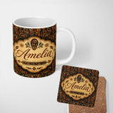 Personalized Custom Name Intricate Tribal Mask and Symbol in Deep Earthy Tones on Dark Lovely 11oz Ceramic Coffee Tea Mug White Large Handle