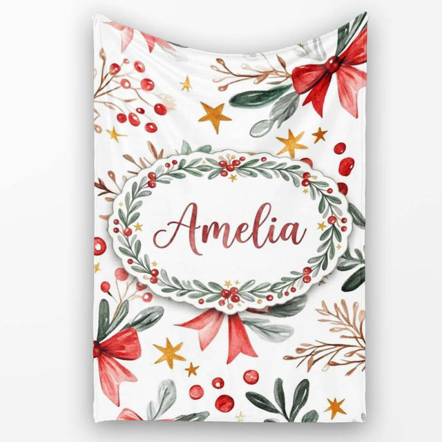 Watercolor Christmas Bow Berry Branch Festive Seamless Pattern  Personalised Custom Name Super Soft Fleece Blanket Bed Sofa Throw
