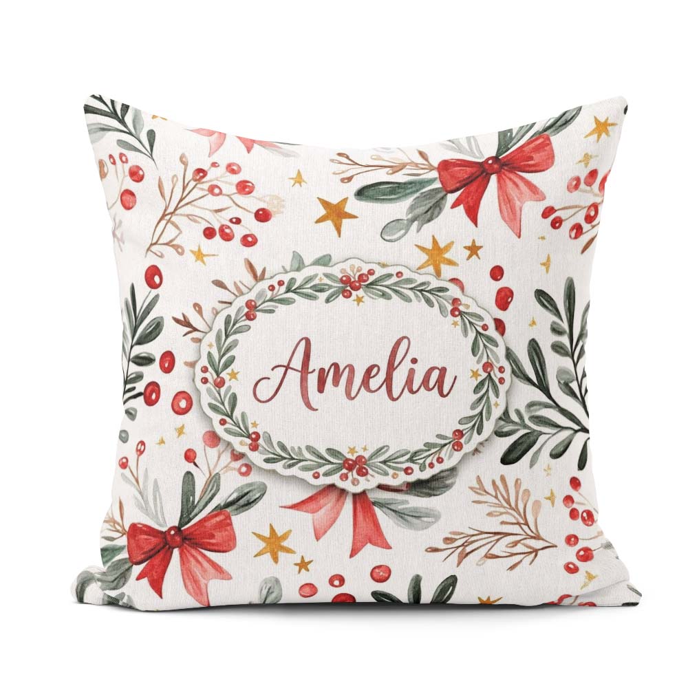 Custom Name Watercolor Bow Berry Branch Festive Seamless Pattern Square Filled Cushion Throw Pillow Sofa Bed Home Decor Zip Washable UK Made
