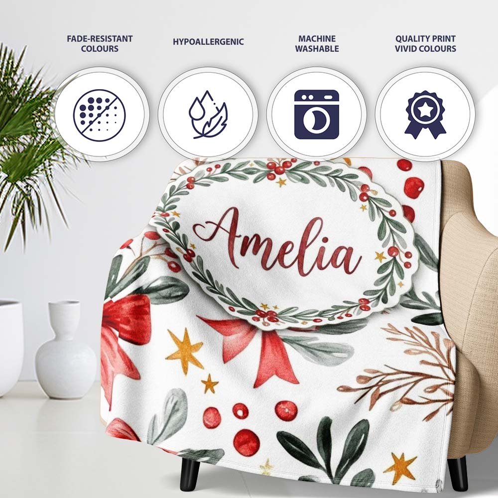 Watercolor Christmas Bow Berry Branch Festive Seamless Pattern  Personalised Custom Name Super Soft Fleece Blanket Bed Sofa Throw