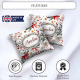 Custom Name Watercolor Bow Berry Branch Festive Seamless Pattern Square Filled Cushion Throw Pillow Sofa Bed Home Decor Zip Washable UK Made
