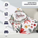 Watercolor Christmas Bow Berry Branch Festive Seamless Pattern  Personalised Custom Name Super Soft Fleece Blanket Bed Sofa Throw