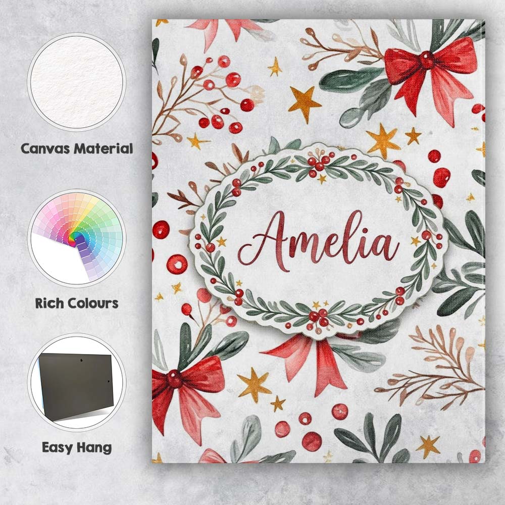 Personalised Name Watercolor Christmas Bow Custom  Unique Gift Idea Elegant Feature Canvas Wall Art Print Decor Picture Ready to Hang
