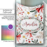 Watercolor Christmas Bow Berry Branch Festive Seamless Pattern  Personalised Custom Name Super Soft Fleece Blanket Bed Sofa Throw