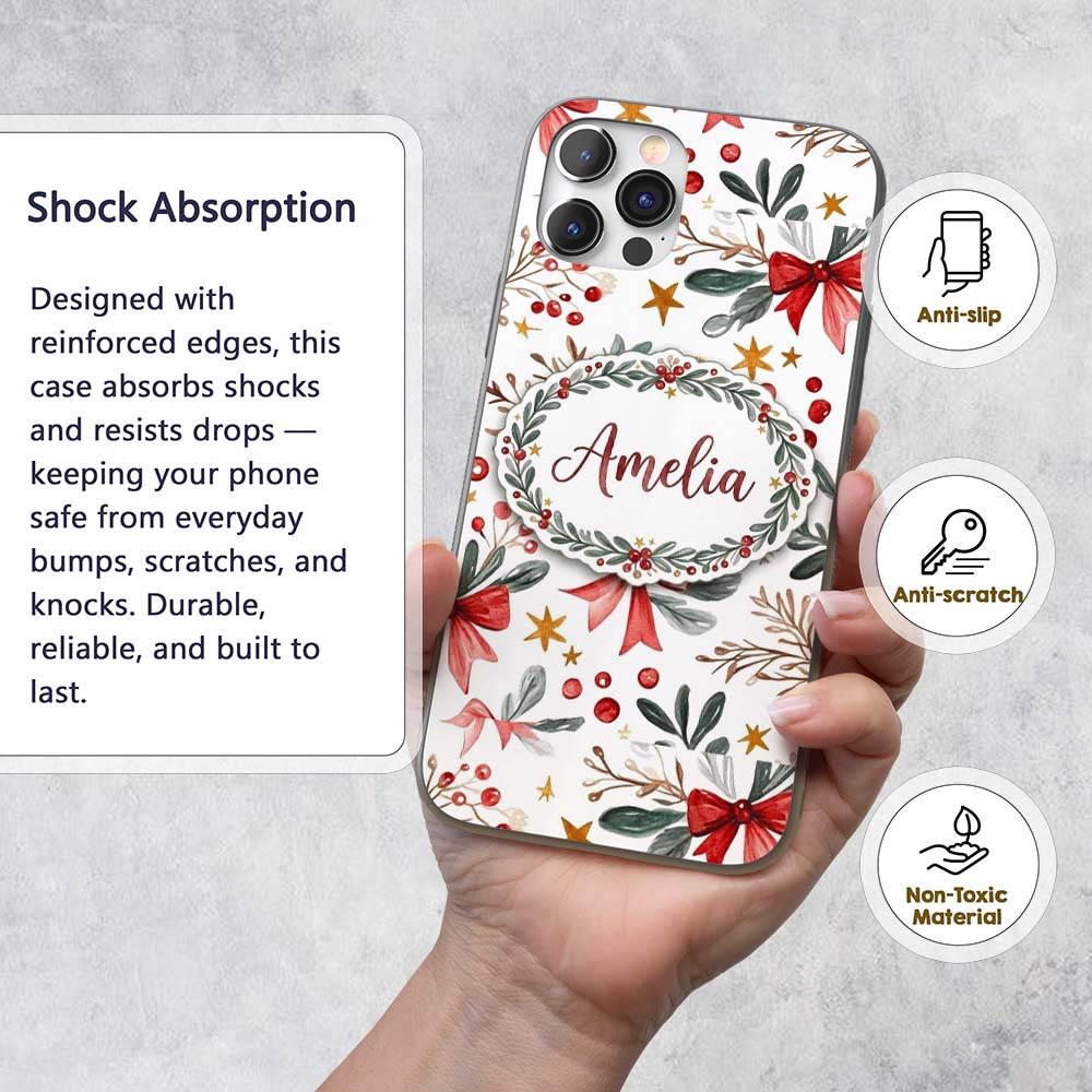 Watercolor Christmas Bow Berry Branch Festive Custom Name Protective Phone Case Mobile Cover Durable Everyday Smartphone Shock Resistant