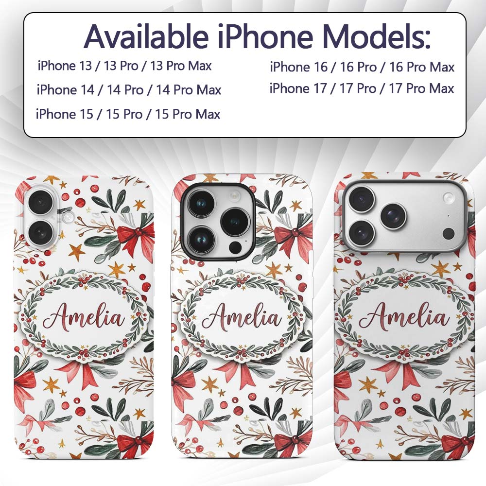 Watercolor Christmas Bow Berry Branch Festive Custom Name Protective Phone Case Mobile Cover Durable Everyday Smartphone Shock Resistant