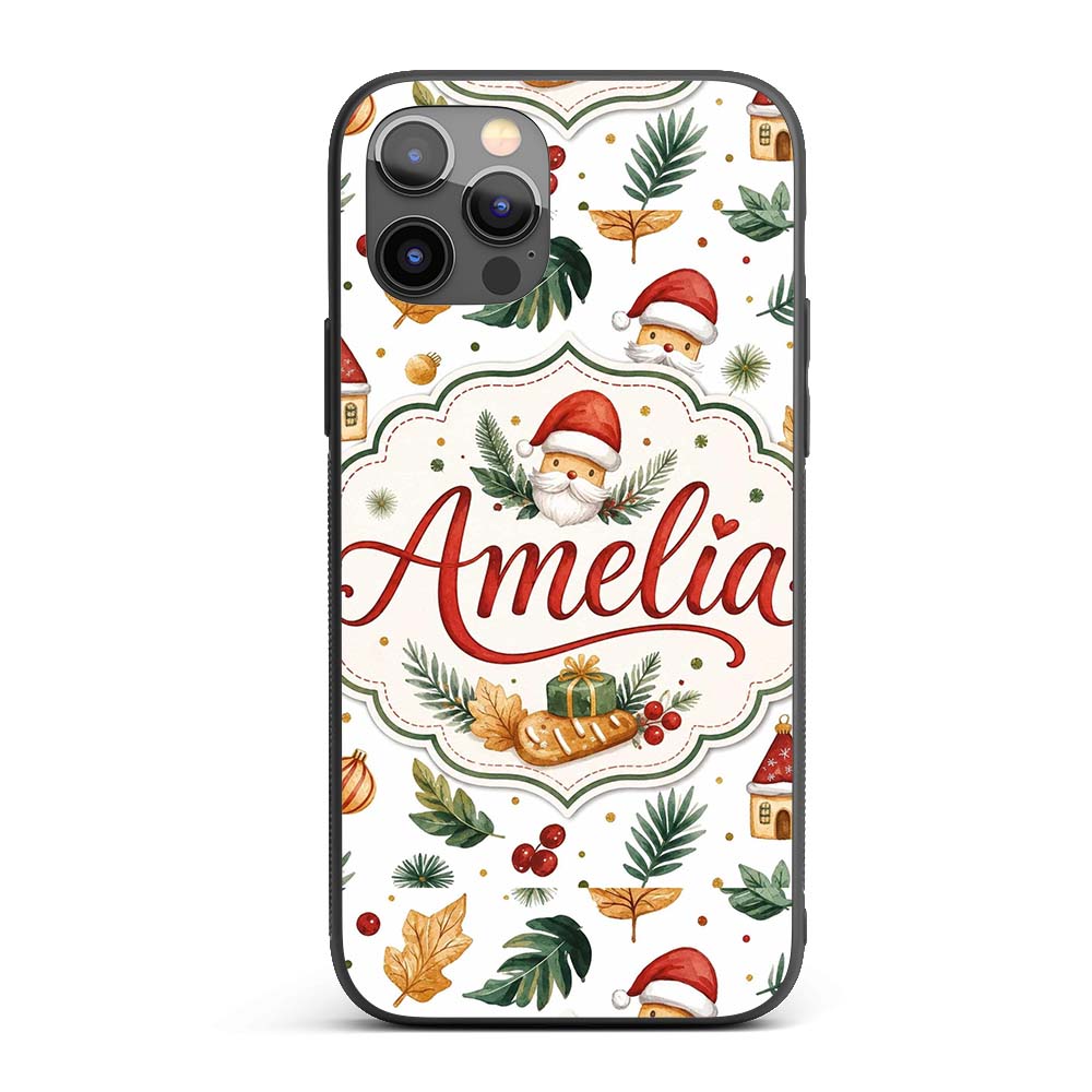 Watercolor Christmas Leaves Santa Printed Design Custom Name Protective Phone Case Mobile Cover Durable Everyday Smartphone Shock Resistant