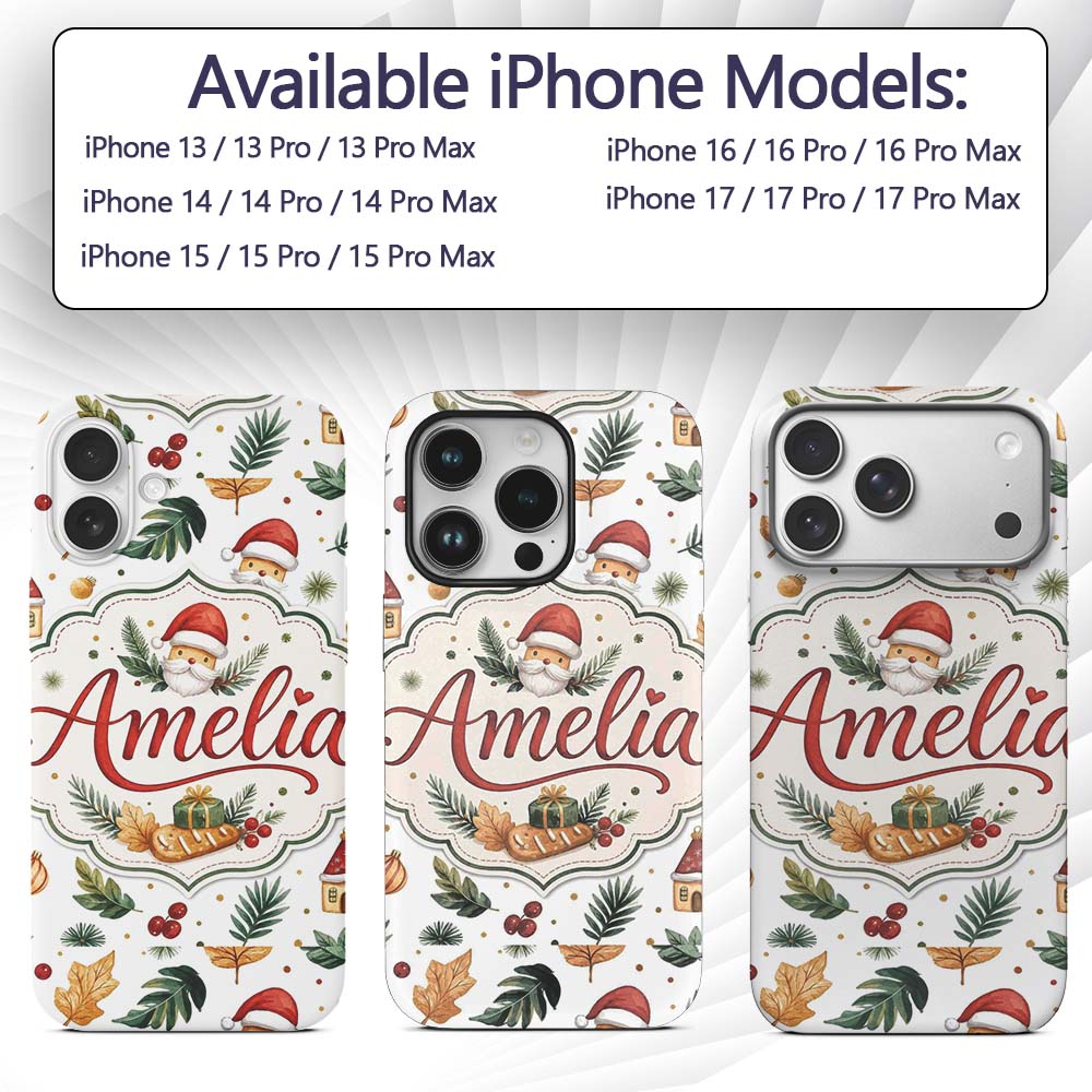 Watercolor Christmas Leaves Santa Printed Design Custom Name Protective Phone Case Mobile Cover Durable Everyday Smartphone Shock Resistant