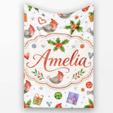 Cute Cardinal Bird Holly Gift Heart Festive Seamless Pattern Lovely  Personalised Custom Name Super Soft Fleece Blanket Bed Sofa Throw