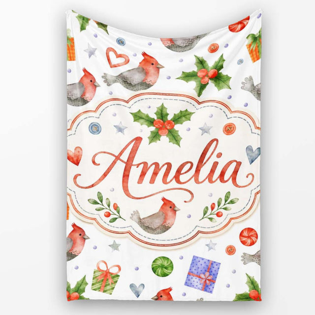 Cute Cardinal Bird Holly Gift Heart Festive Seamless Pattern Lovely  Personalised Custom Name Super Soft Fleece Blanket Bed Sofa Throw